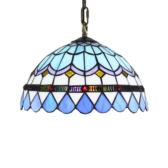 Dining Table Hanging Lights - Floral Shade Pendant Ceiling Lamp in Blue with Tiffany Style Art Glass Shade