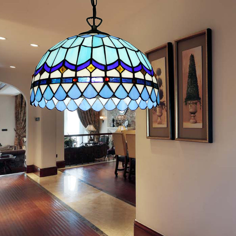 Dining Table Hanging Lights: Tiffany Style Art Glass Pendant Lamp With Blue Floral Shade / 16