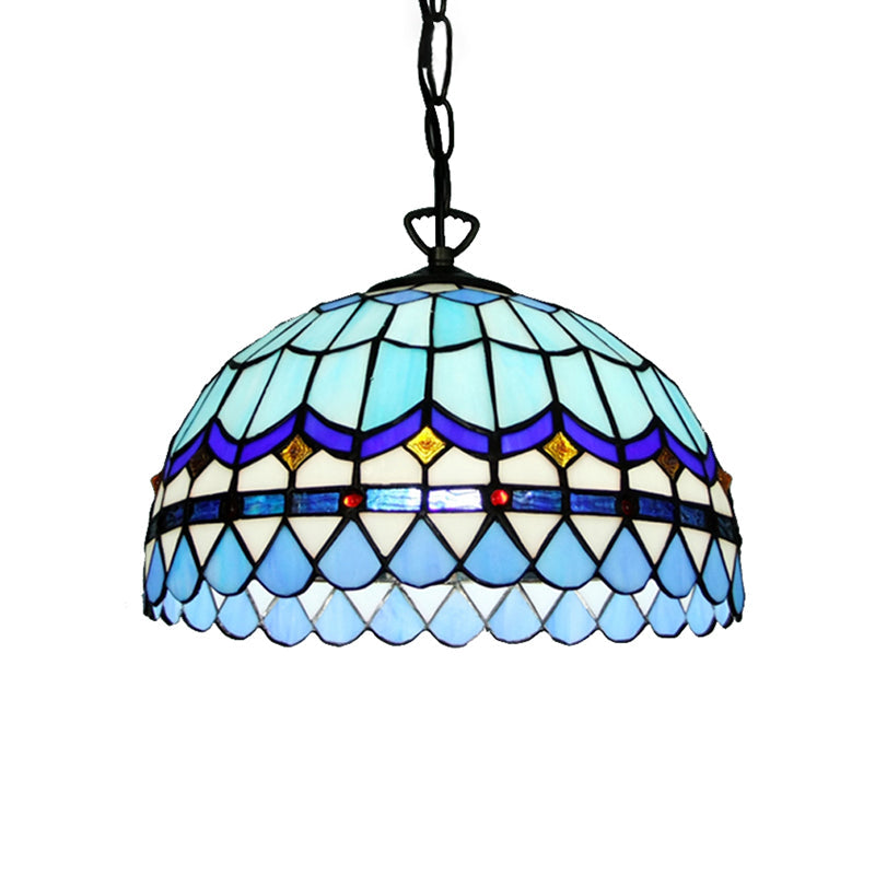 Dining Table Hanging Lights - Floral Shade Pendant Ceiling Lamp in Blue with Tiffany Style Art Glass Shade