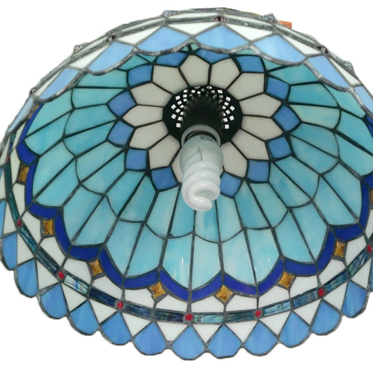 Dining Table Hanging Lights - Floral Shade Pendant Ceiling Lamp in Blue with Tiffany Style Art Glass Shade