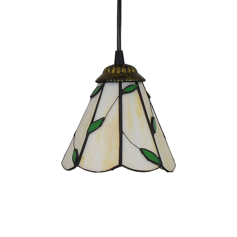 Tiffany-Style Cone Pendulum Light - Handcrafted Art Glass Suspension Lamp in Beige (6.5"/12"/16" W)