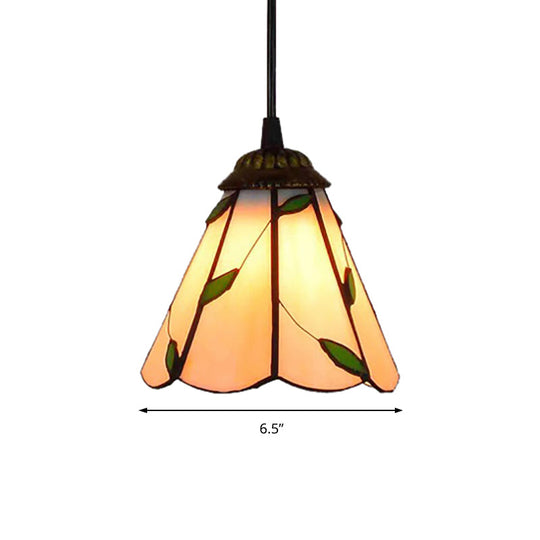 Tiffany-Style Cone Pendulum Light - Handcrafted Art Glass Suspension Lamp in Beige (6.5"/12"/16" W)