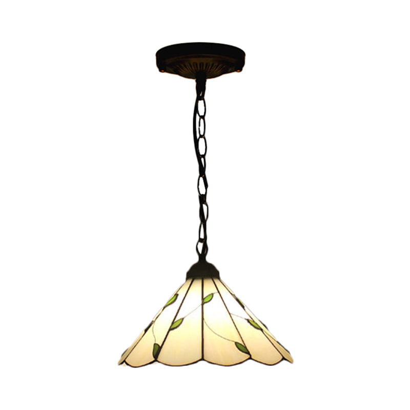 Tiffany-Style Cone Pendulum Light- Handcrafted Art Glass Suspension Lamp In Beige- 6.5/12/16 Head