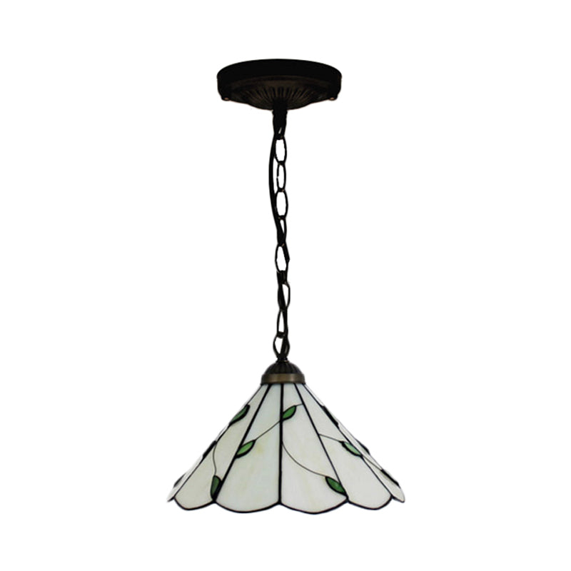 Tiffany-Style Cone Pendulum Light- Handcrafted Art Glass Suspension Lamp In Beige- 6.5/12/16 Head