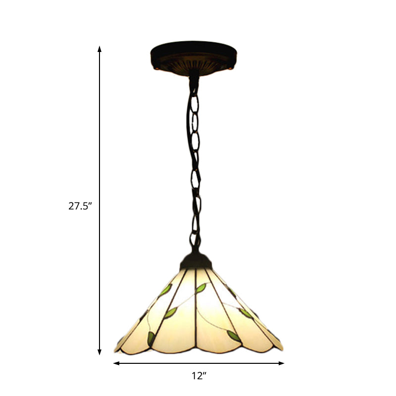 Tiffany-Style Cone Pendulum Light - Handcrafted Art Glass Suspension Lamp in Beige (6.5"/12"/16" W)