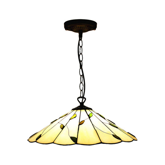 Tiffany-Style Cone Pendulum Light- Handcrafted Art Glass Suspension Lamp In Beige- 6.5/12/16 Head