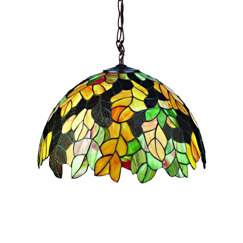 Tiffany-Style Black Stained Glass Pendant Light Fixture - 1 Head Leaf/Grape/Flower Down Lighting