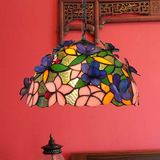 Tiffany-Style Black Stained Glass Pendant Light Fixture - 1 Head Leaf/Grape/Flower Down Lighting