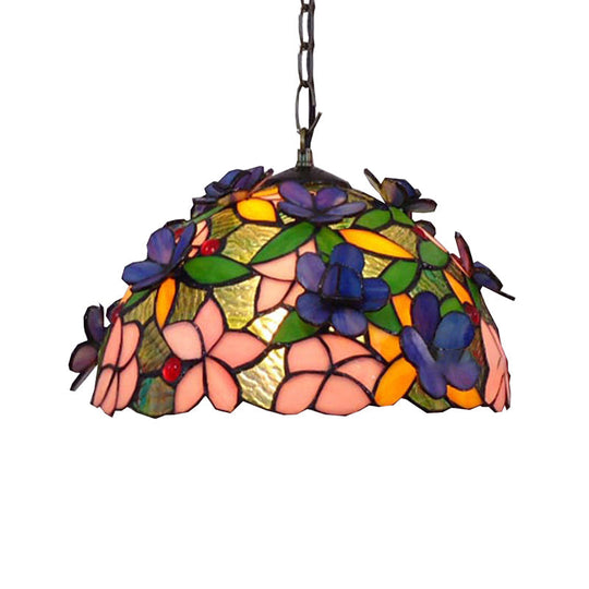 Tiffany-Style Black Stained Glass Pendant Light Fixture - 1 Head Leaf/Grape/Flower Down Lighting