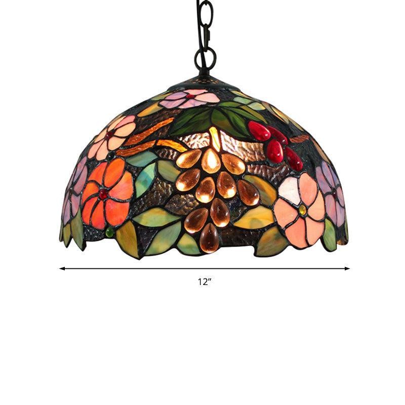 Victorian Flower Ceiling Lamp - Handcrafted Art Glass Pendant Light, Black, 1 Bulb, 12"/16" Wide