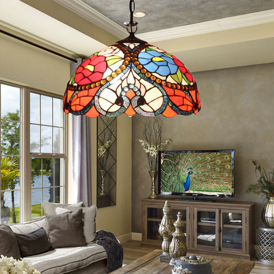 Black Stained Art Glass Victorian Bowl Pendant Lamp - 3 Heads, Ceiling Hanging Light (with/without Pull Chain)