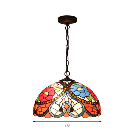 Victorian 3-Head Stained Glass Bowl Pendant Lamp - Black Ceiling Hanging Light With/Without Pull