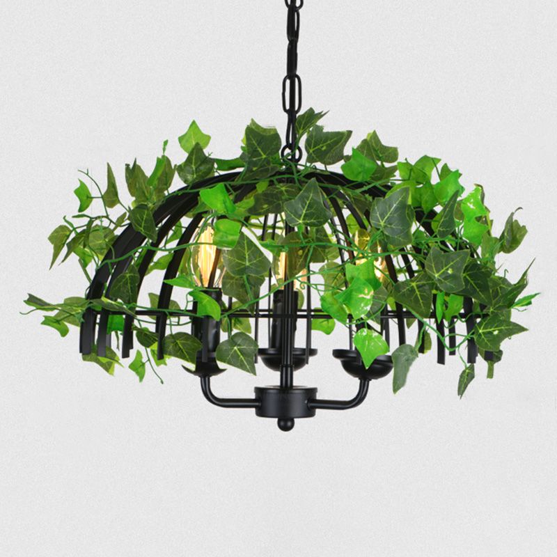 Industrial Green Iron Ceiling Chandelier with 3-Lights, Fake Plant and Cage - Restaurant Pendant Lamp