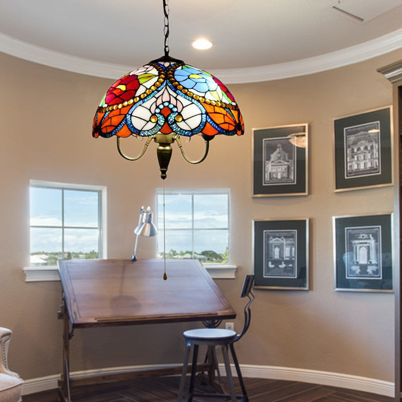 Black Stained Art Glass Victorian Bowl Pendant Lamp - 3 Heads, Ceiling Hanging Light (with/without Pull Chain)