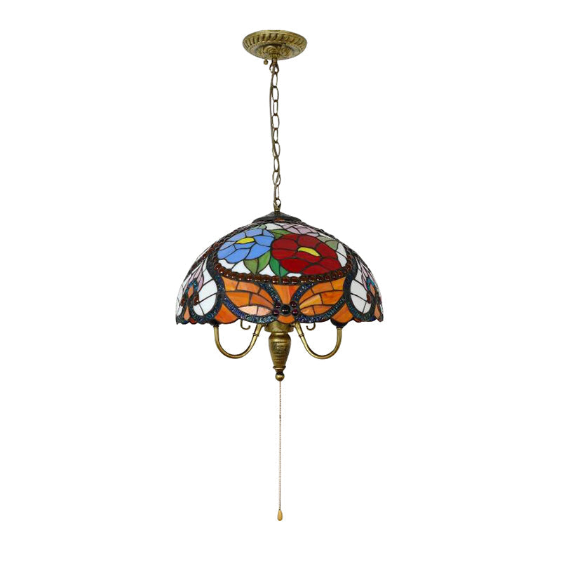 Victorian 3-Head Stained Glass Bowl Pendant Lamp - Black Ceiling Hanging Light With/Without Pull