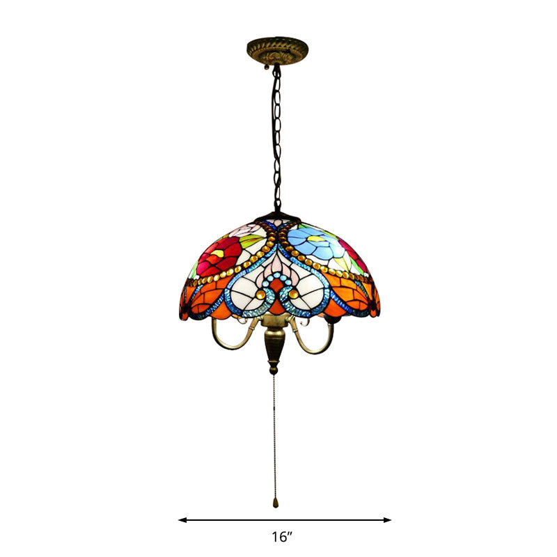 Victorian 3-Head Stained Glass Bowl Pendant Lamp - Black Ceiling Hanging Light With/Without Pull