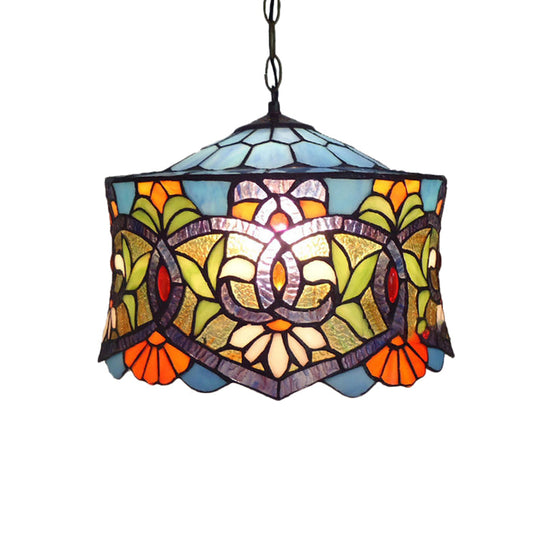 Adjustable Stained Glass Drum Pendant Lighting: Victorian Style For Dining Room (14 W)