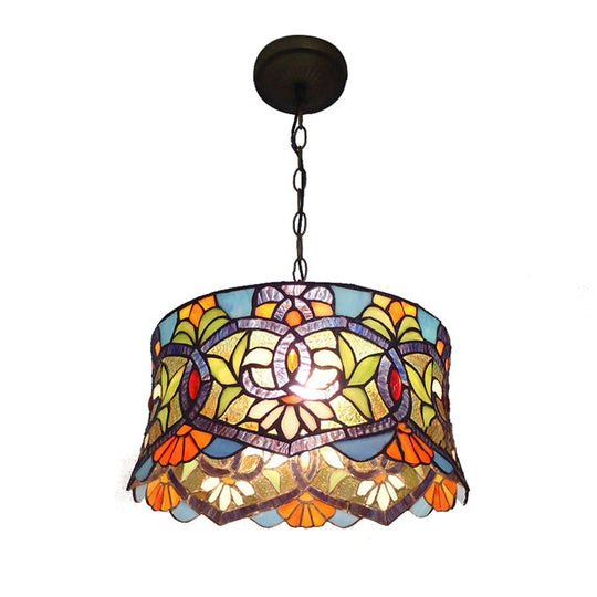 Adjustable Stained Glass Drum Pendant Lighting: Victorian Style For Dining Room (14 W)