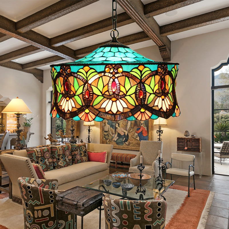 Victorian Drum Pendant Light With Stained Glass Shade - 18 W Perfect For Living Room Décor Aqua /