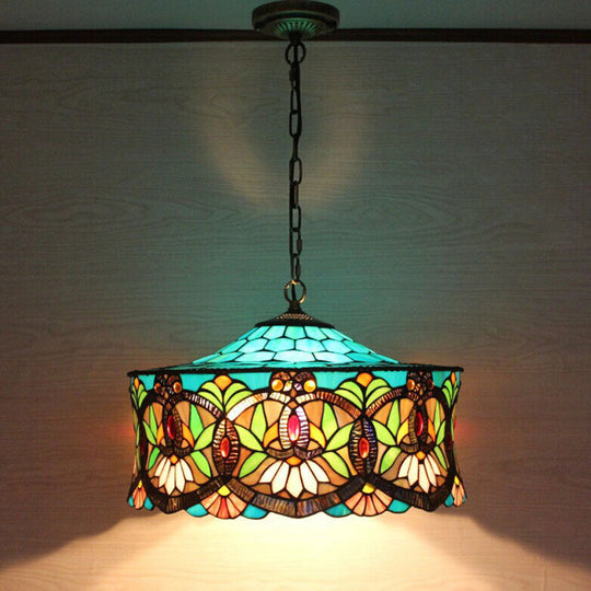 Victorian-Style Stained Glass Drum Pendant Light for Living Room - 18" W