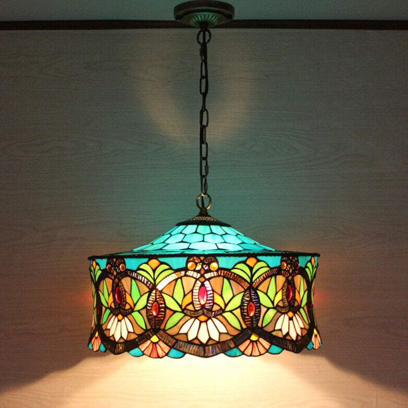 Victorian Drum Pendant Light With Stained Glass Shade - 18 W Perfect For Living Room Décor