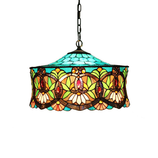 Victorian-Style Stained Glass Drum Pendant Light for Living Room - 18" W