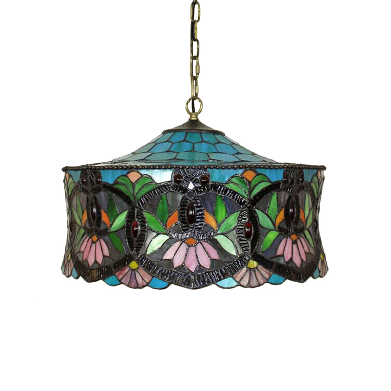 Victorian-Style Stained Glass Drum Pendant Light for Living Room - 18" W