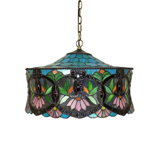 Victorian Drum Pendant Light With Stained Glass Shade - 18 W Perfect For Living Room Décor