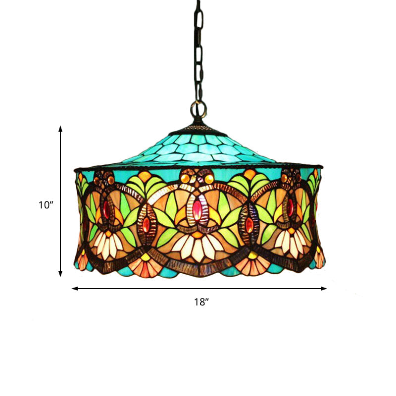 Victorian Drum Pendant Light With Stained Glass Shade - 18 W Perfect For Living Room Décor