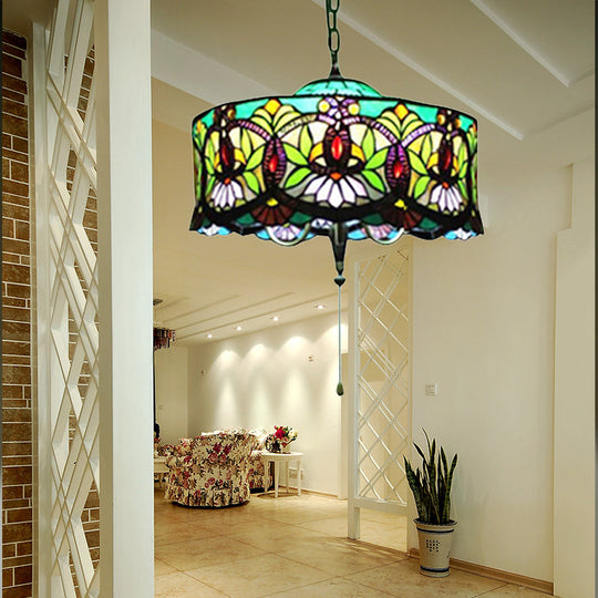 Victorian Drum Pendant Light With Stained Glass Shade - 18 W Perfect For Living Room Décor Aqua /