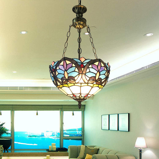 Small LED Pendant Lights, Antique Brass Ceiling Fixture with Adjustable 2 Lights and Stained Glass Shade in Baroque Style