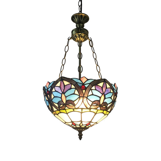 Small LED Pendant Lights, Antique Brass Ceiling Fixture with Adjustable 2 Lights and Stained Glass Shade in Baroque Style