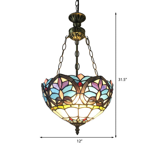 Small LED Pendant Lights, Antique Brass Ceiling Fixture with Adjustable 2 Lights and Stained Glass Shade in Baroque Style