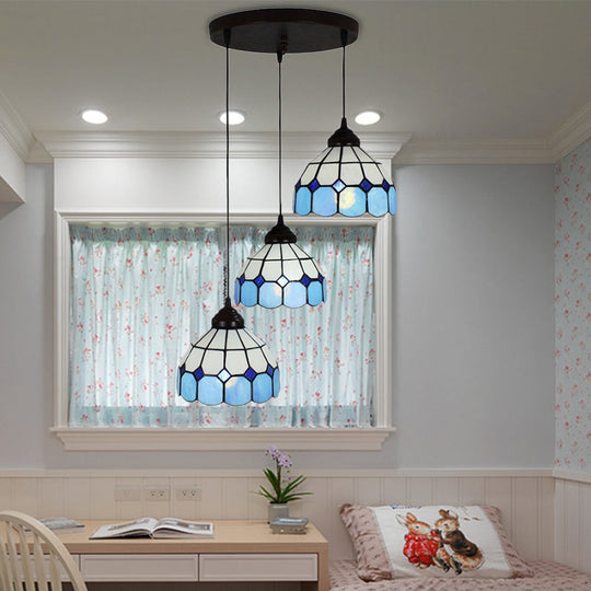 Mediterranean Cut Glass 3-Light Blue Multi Pendant For Bedroom - Bowl Hanging Light Fixture