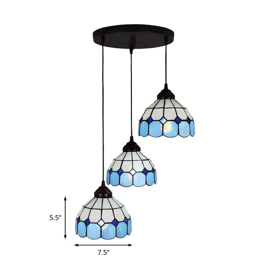 Mediterranean Cut Glass 3-Light Blue Multi Pendant For Bedroom - Bowl Hanging Light Fixture