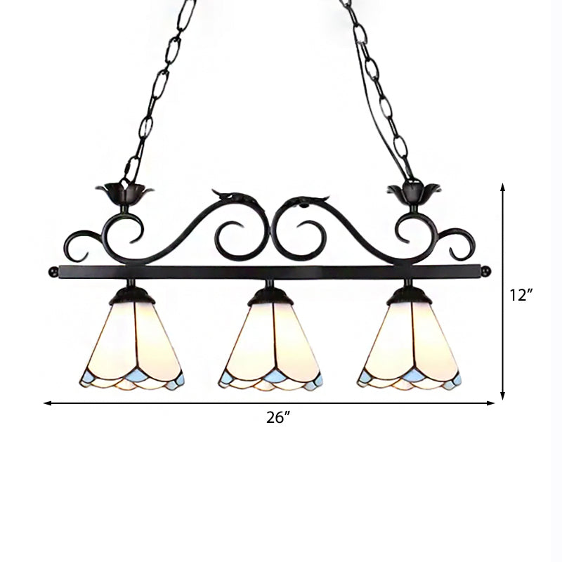 Tiffany Style Island Chandelier Light - White Conic Shade Pendant Lamp With Stainless Glass (3