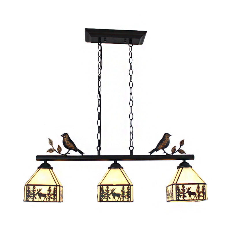 Rustic Lodge Deer Island Pendant Light With Bird Decoration - 3 Stained Glass Lights