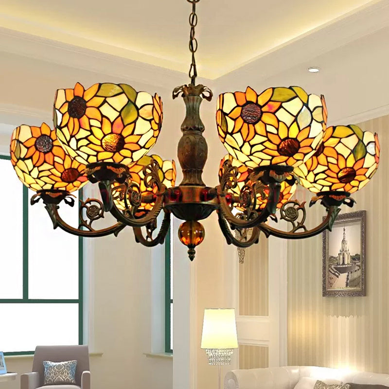 Stunning 6-Light Tiffany Style Stained Glass Chandelier For Living Room Yellow / Dome