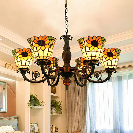 Sunflower 6-Light Tiffany Style Stained Glass Chandelier - Ideal for Living Room