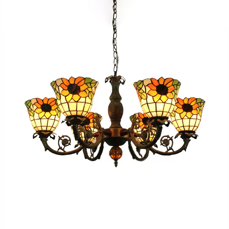 Sunflower 6-Light Tiffany Style Stained Glass Chandelier - Ideal for Living Room