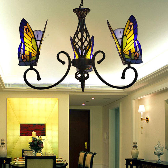 Tiffany-Style Butterfly Chandelier: Stained Glass 3-Light Fixture for Living Room