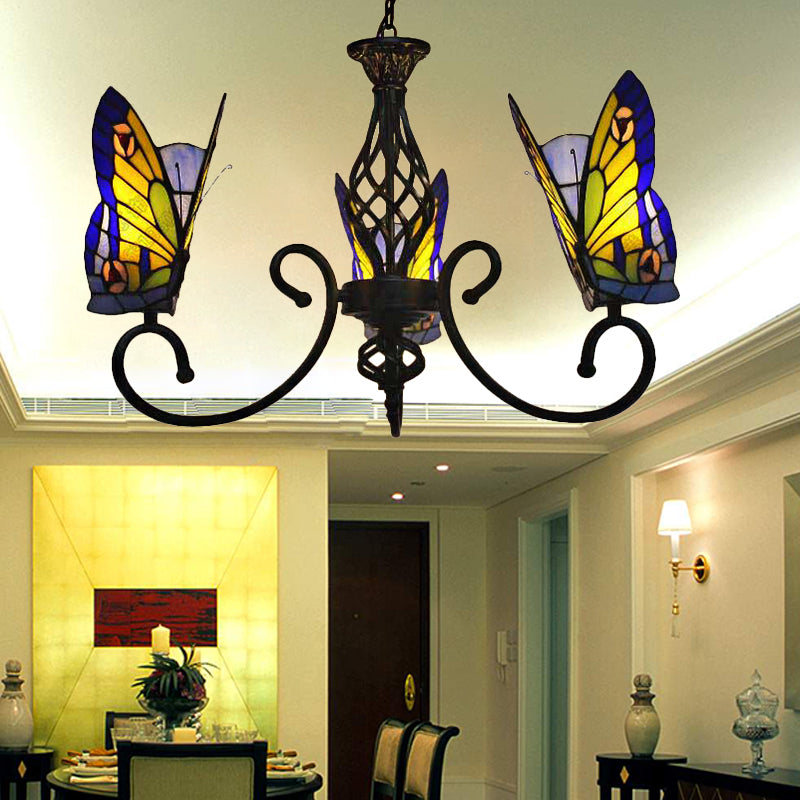 Tiffany Style Butterfly Chandelier With Stained Glass Shade - 3-Light Living Room Fixture Blue