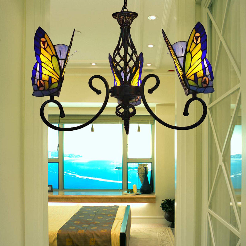 Tiffany Style Butterfly Chandelier With Stained Glass Shade - 3-Light Living Room Fixture