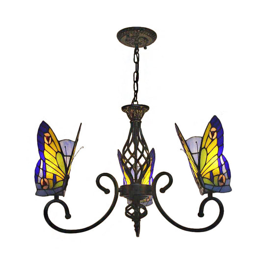 Tiffany-Style Butterfly Chandelier: Stained Glass 3-Light Fixture for Living Room