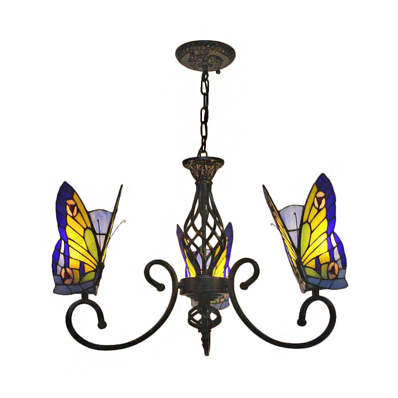 Tiffany Style Butterfly Chandelier With Stained Glass Shade - 3-Light Living Room Fixture