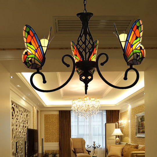 Tiffany Style Butterfly Chandelier With Stained Glass Shade - 3-Light Living Room Fixture Orange