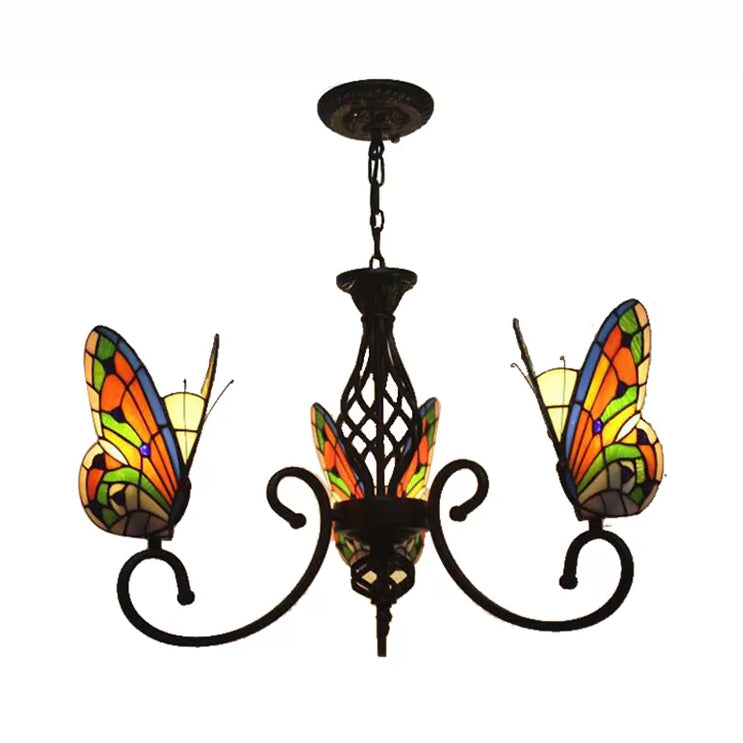 Tiffany-Style Butterfly Chandelier: Stained Glass 3-Light Fixture for Living Room