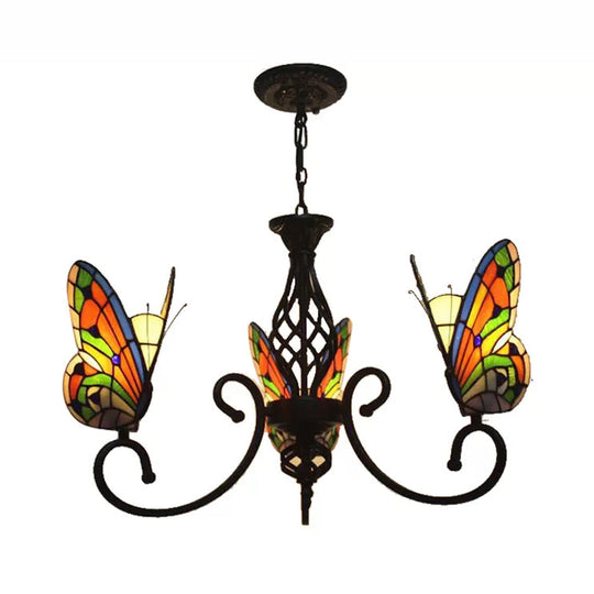 Tiffany Style Butterfly Chandelier With Stained Glass Shade - 3-Light Living Room Fixture