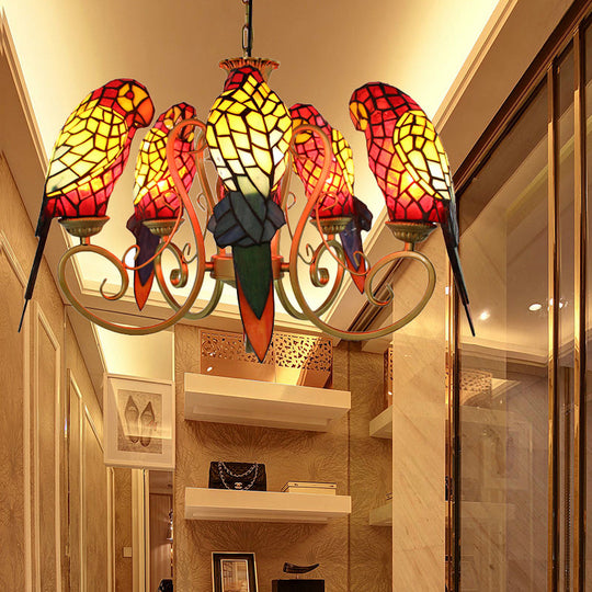 5-Light Parrots Tiffany Style Chandelier for Living Room with Mosaic Shade