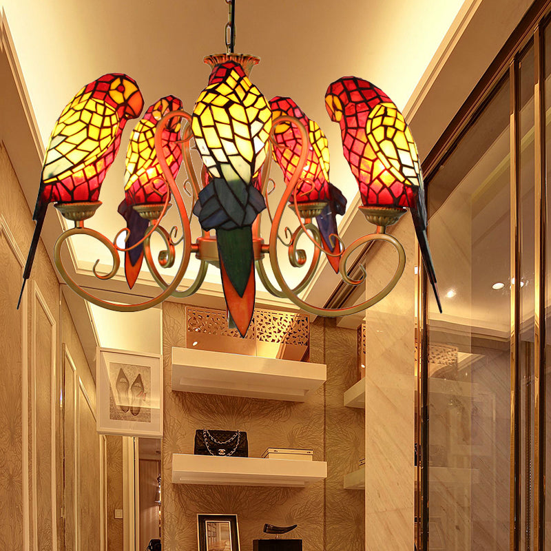 5-Light Parrots Chandelier For Living Room Tiffany Style Mosaic Shade Ceiling Fixture Red